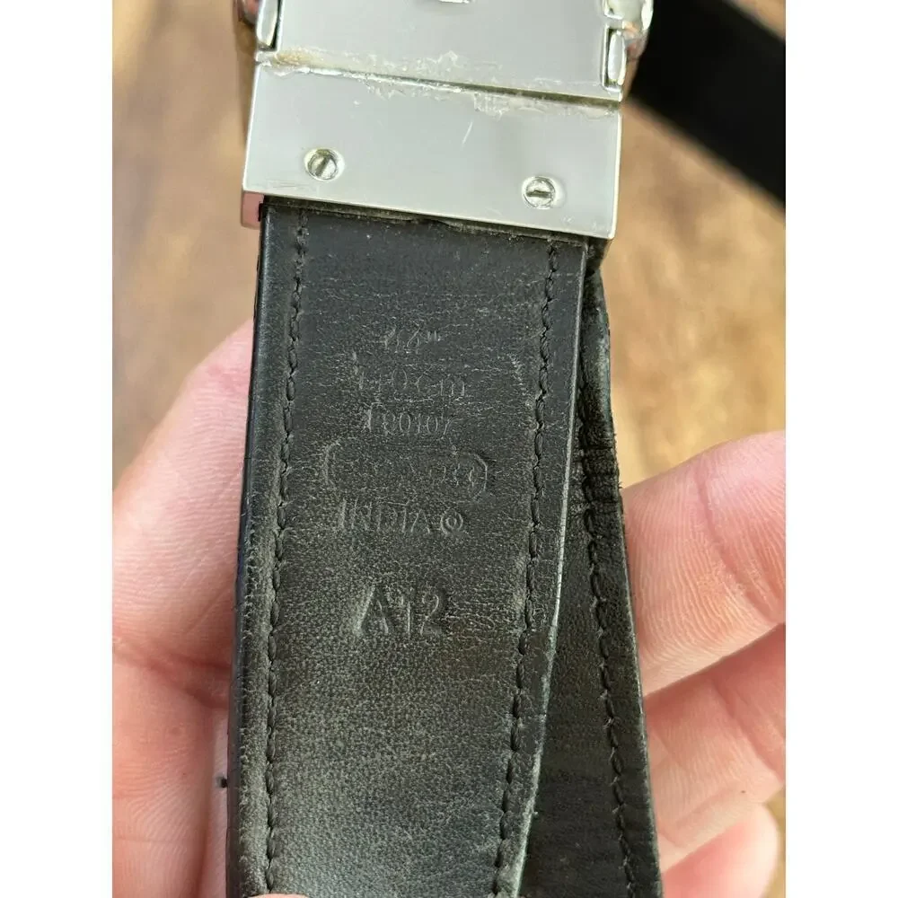 Coach Men's Black Silver Stamped Leather Buckle Belt